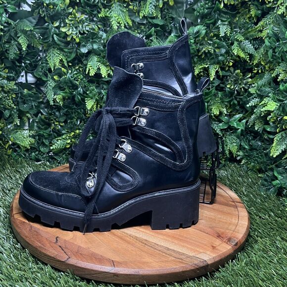 ZARA Boots Women 9 US 40 EU Black Moto Combat‎ Chunky Heel Lace Up Ankle 2111 - Picture 5 of 14